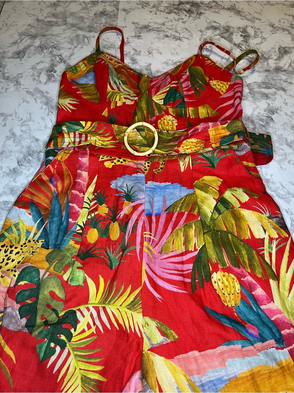FARM Rio Red Tropical-Print Spaghetti-Strap Jumpsuit with Belt - Picture 2 of 8